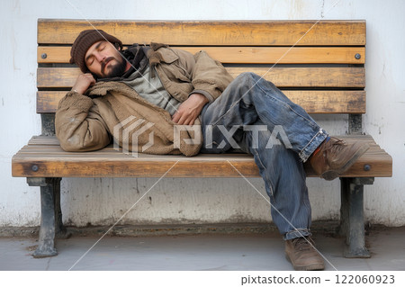Poor homeless man or refugee sleeping on the wooden bench on the urban street in the city 122060923