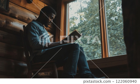 A young man sits in a rustic cabin, absorbed in a book. Sunlight streams through the large window, casting a warm glow and illuminating the surrounding nature, creating a peaceful atmosphere. 122060940