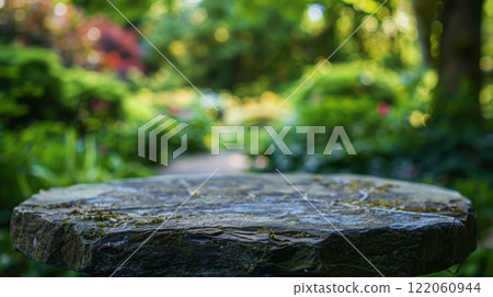 A smooth stone table sits in a garden, with vibrant green foliage and a blurry path leading into the distance. A smooth stone table sits in a garden, with vibrant green foliage and a blurry path leading into the distance. 122060944