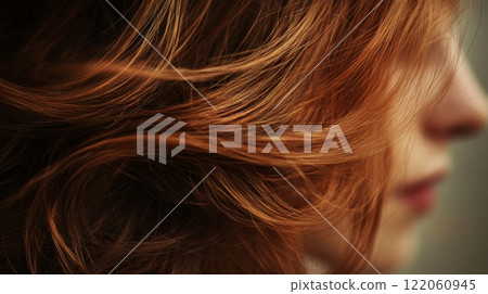 A woman with vibrant red hair is captured in side profile, her hair gracefully flowing in the gentle breeze during the evening. A woman with vibrant red hair is captured in side profile, her hair gracefully flowing in the gentle breeze during the evening. 122060945