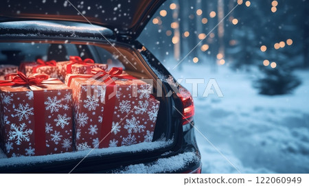 A car trunk filled with beautifully wrapped presents sits in a snowy landscape. Soft snowfall adds charm while warm lights twinkle in the background, creating a festive holiday atmosphere. 122060949