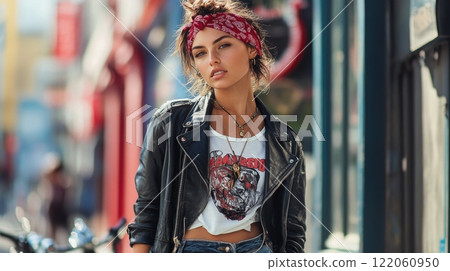 The woman stands confidently in a leather jacket and vintage tee, with a bandana in her hair, showcasing urban fashion against a colorful backdrop. 122060950