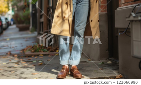A person stands on a city sidewalk adorned with fallen leaves, wearing a beige overcoat and brown leather shoes, enjoying the crisp autumn air. 122060980