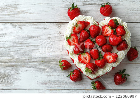 Heart shaped strawberry cake for Valentine's Day on white wooden table. Top view. Copy space 122060997