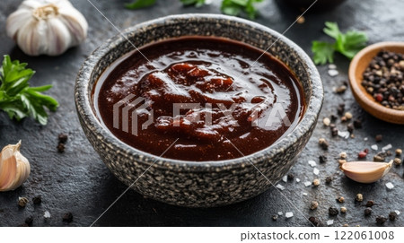 A bowl filled with thick barbecue sauce sits on a dark surface, surrounded by garlic cloves, herbs, and spices. 122061008