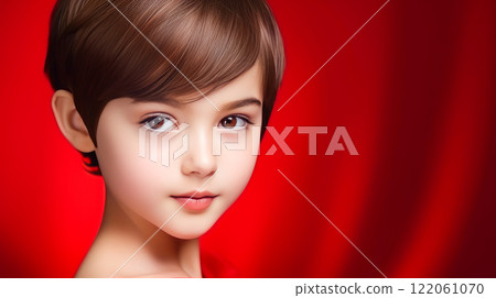 Portrait of smiling asian girl child with short hair creamy red background. 122061070