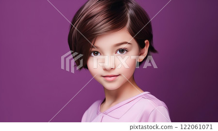 Portrait of smiling asian girl child with short haircut creamy purple background. 122061071