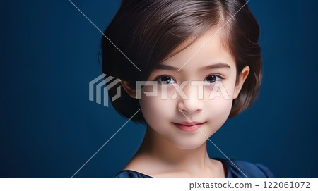 Portrait of smiling asian girl child with short hair creamy blue background. 122061072