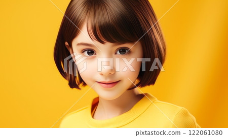 Portrait of smiling asian girl child with short hair creamy creamy yellow background. 122061080