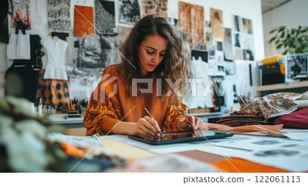 A young designer immersed in her work sketches creative ideas on a digital tablet in a lively fashion studio. The workspace is filled with colorful fabrics and inspirational design prints. 122061113