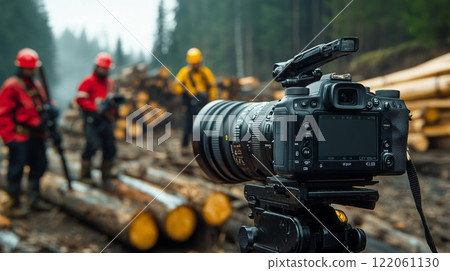 Camera is set up to capture workers in bright gear operating equipment near stacked logs in a dense forest. 122061130