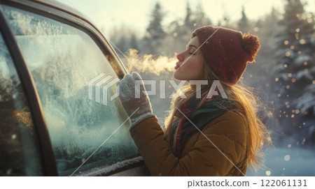 A young woman in winter attire leans against a frosty car window, breathing on the glass as her breath forms a cloud. 122061131