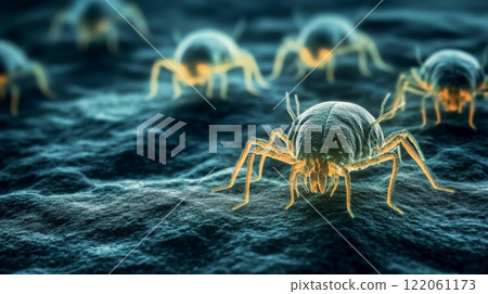 Microscopic arachnids are seen moving across a textured surface, illuminated by soft light. Their intricate features highlight the unique morphology of these tiny creatures in a dark setting. 122061173