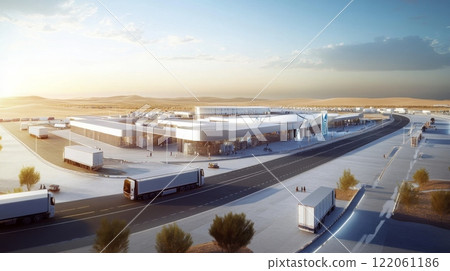 A large logistics facility is bustling with activity as numerous trucks line up for loading and unloading. The setting sun casts a warm glow over the sleek, modern architecture in an open landscape. 122061186