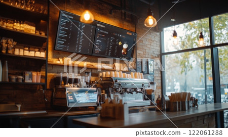 A coffee shop features a well-equipped barista station, a digital menu board displaying beverages, and warm lighting. 122061288