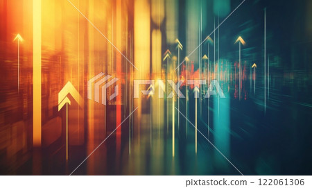 Colorful streaks and arrows create a sense of upward momentum and growth, blending yellow, orange, and blue hues. The design evokes energy and progress, symbolizing advancement and innovation. 122061306