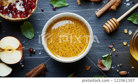 A warm spread made from apples and spices sits in a bowl, surrounded by pomegranate seeds, honey, and cinnamon sticks. 122061307