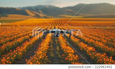 A drone hovers over a vast field blanketed with bright orange flowers, capturing the beauty of nature during the warm light of sunset. 122061402