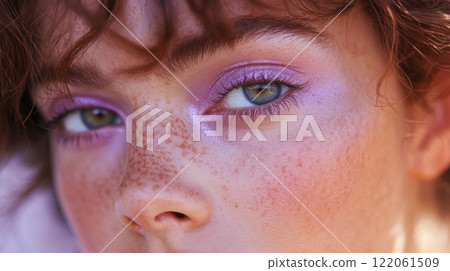 A person with striking green eyes and a creative purple eye makeup style gazes directly at the camera 122061509