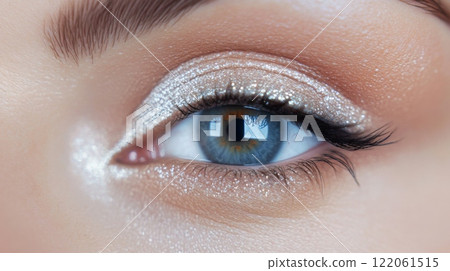 A striking close-up of an eye featuring expertly applied glittery silver and gold eye shadow. The soft lighting enhances the eye's stunning blue color and captivating details of eyelashes. 122061515
