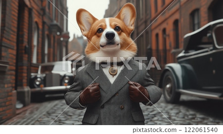 A corgi dressed in a stylish gray suit and brown gloves stands proudly, hands on its waist, on a vintage cobblestone street. The scene captures an atmosphere of charm and nostalgia. A corgi dressed in a stylish gray suit and brown gloves stands proudly, hands on its waist, on a vintage cobblestone street. The scene captures an atmosphere of charm and nostalgia. 122061540
