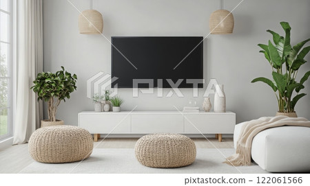 This lively living room features a sleek entertainment unit, two stylish poufs, and vibrant green plants, creating a cozy atmosphere with natural light streaming through the large windows. 122061566