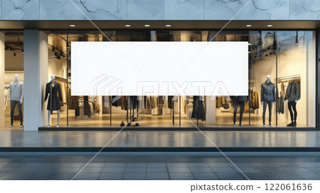 A contemporary clothing store showcases various outfits on mannequins inside its large glass window. A contemporary clothing store showcases various outfits on mannequins inside its large glass window. 122061636