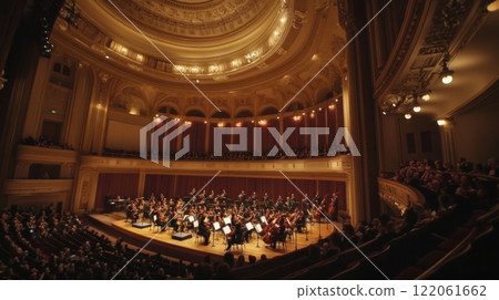 A large orchestra plays on stage in a beautifully illuminated concert hall filled with attentive listeners. 122061662