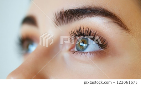 The woman's eye displays a striking blue iris and long, voluminous eyelashes, illuminated by soft natural light, emphasizing her captivating gaze and the intricate details around the eye. 122061673