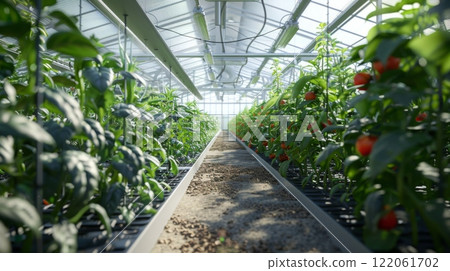 Rows of tomato plants growing in a greenhouse. The plants are healthy and have ripe tomatoes on them. The path between the rows is made of dirt. 122061702