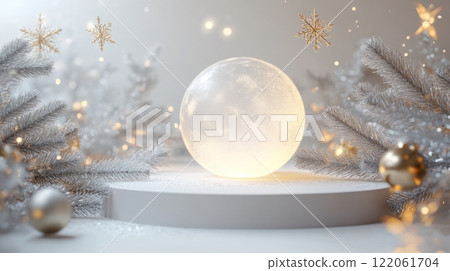 A white, glowing orb sits on a round, white pedestal in a winter-themed scene. The orb is surrounded by frosted pine branches and small, golden snowflakes. 122061704