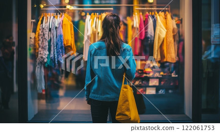 A woman stands in front of a store window, captivated by a variety of brightly colored clothes hanging on display. The evening atmosphere creates a lively urban ambiance. 122061753