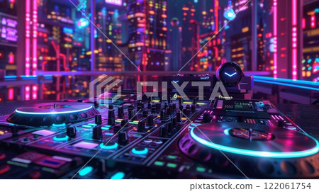 A DJ mixer sits on a table overlooking a brightly lit futuristic city with neon lights. 122061754
