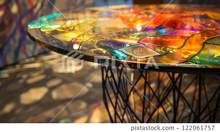 A close-up of a table with a colorful glass tabletop, showcasing intricate patterns and a shimmering effect. A close-up of a table with a colorful glass tabletop, showcasing intricate patterns and a shimmering effect. 122061757