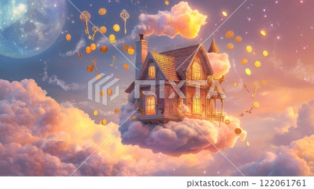 A charming house is perched on a fluffy cloud amidst a vibrant twilight sky, surrounded by floating keys and golden coins, creating a magical and dreamlike atmosphere perfect for a fairy tale. 122061761