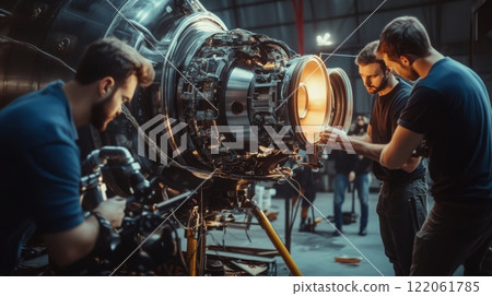Skilled technicians inspect the interior of a jet engine in a well-lit workshop. Tools and equipment are scattered around as they carefully analyze components and perform maintenance tasks. 122061785