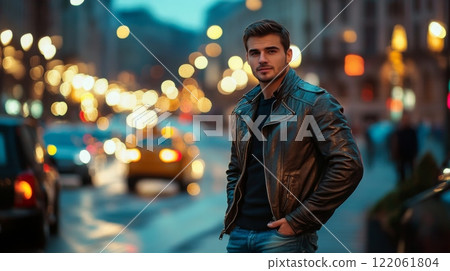 A man stands in a city street at night, his face illuminated by the warm glow of streetlights. He is wearing a dark leather jacket and jeans, his hands tucked into his pockets 122061804