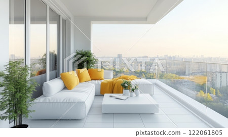 A contemporary balcony features a cozy seating area with white sofas and vibrant yellow accents. The serene view includes a sprawling city skyline bathed in the warm glow of sunrise. 122061805