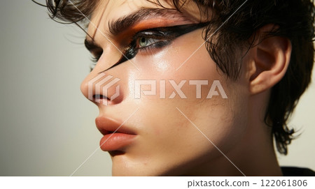 A close-up portrait of a young man with black and orange eye makeup looking off to the side. 122061806