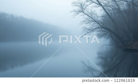 In the early morning, a river is shrouded in thick mist, with reflective calm waters capturing the gray skies. Bare trees line the riverbank, creating a peaceful, almost ethereal atmosphere. 122061819