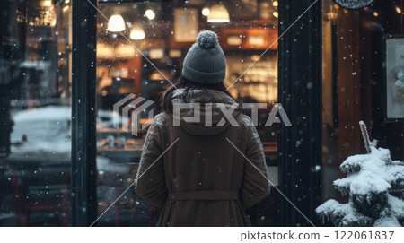 A person stands outside a cafe, gazing inside at the warm lights and inviting ambiance. Snowflakes gently fall, creating a serene winter atmosphere as evening approaches. 122061837