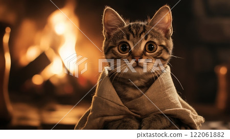 A small tabby kitten, wrapped in a soft blanket, gazes curiously at the camera while sitting beside a crackling fireplace 122061882