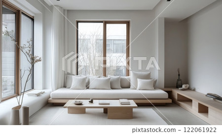 A living room with a white sofa built into a window nook, white pillows, and a wooden coffee table. There are two windows behind the sofa, and a large window to the left with a plant in the corner 122061922