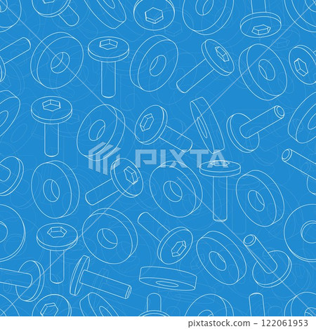 Mechanical engineering drawings on blue background. Cutter, assembly tool with replaceable multi-faceted plate. Technical Design. Cover. Blueprint. Vector illustration. 122061953