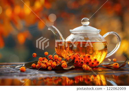 berry tea in glass teapot with fresh orange berries closeup image. photo realistic 122062009