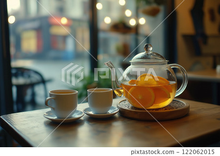 tea with orange slices in a glass teapot and two cups on a table in a cozy cafe 122062015