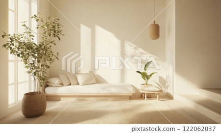 A cozy, minimalist room features a light-colored bed near large windows allowing sunlight to stream in. Potted plants add a touch of nature, creating a tranquil atmosphere for relaxation. 122062037