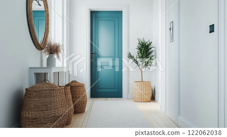 A well-lit hallway features a striking blue door and minimalist decor. Baskets made of natural materials are positioned beside a potted plant, creating a welcoming atmosphere in the home. 122062038