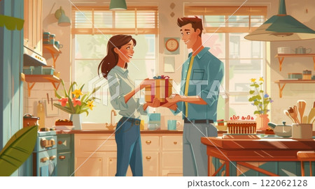 A couple joyfully exchanges a gift in a bright kitchen filled with plants and baked treats, enhancing the warm atmosphere of their shared moment. 122062128