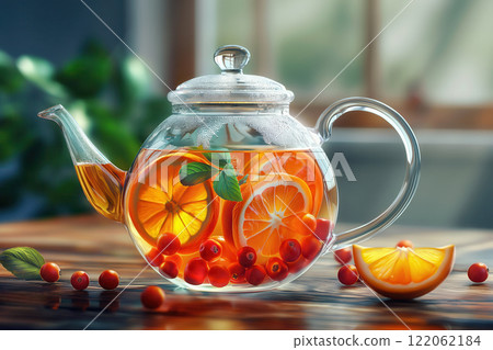 berry tea in a glass teapot with a close-up image of fresh orange berries 122062184